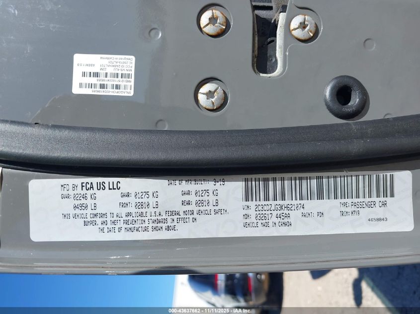 2019 Dodge Challenger Gt VIN: 2C3CDZJG3KH621074 Lot: 43637662