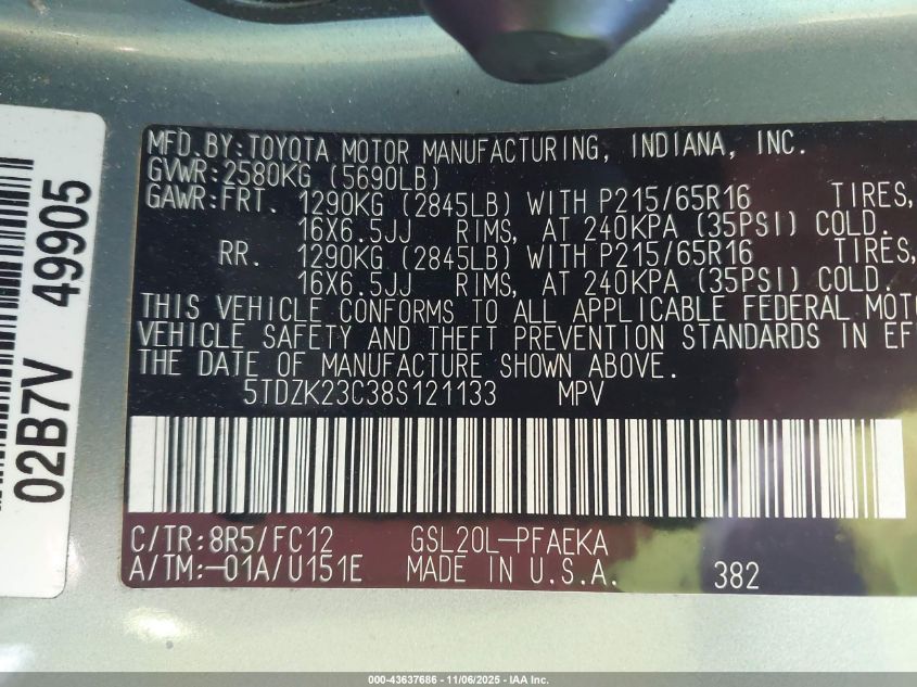 2008 Toyota Sienna Le VIN: 5TDZK23C38S121133 Lot: 43637686