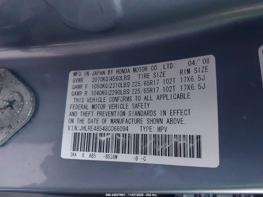 2008 Honda Cr-V Ex VIN: JHLRE48548C066094 Lot: 43637691