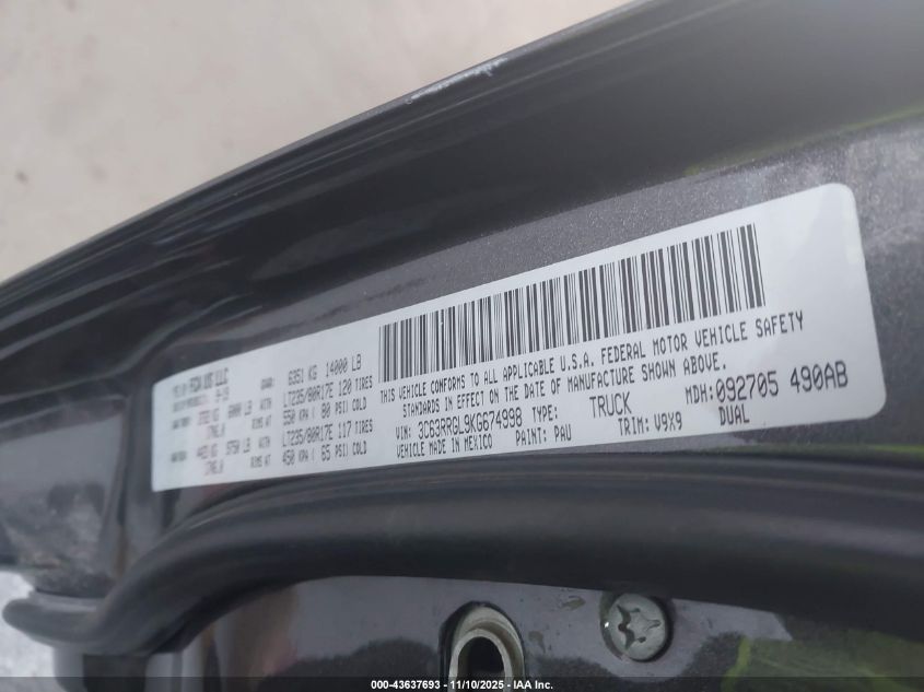 2019 Ram 3500 Tradesman 4X4 8' Box VIN: 3C63RRGL9KG674998 Lot: 43637693