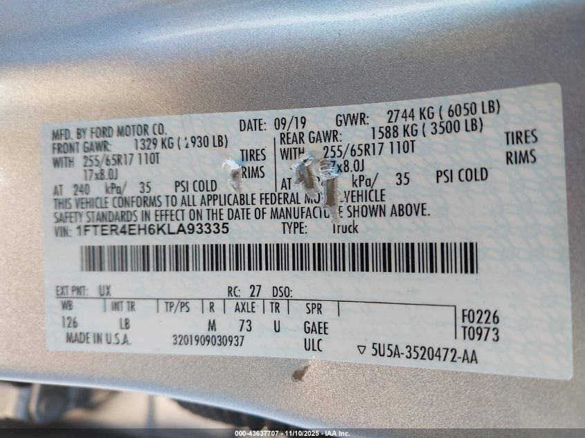 2019 Ford Ranger Xlt VIN: 1FTER4EH6KLA93335 Lot: 43637707