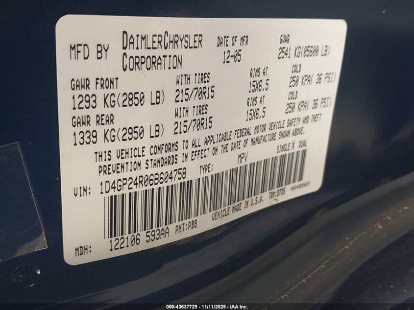 2006 Dodge Grand Caravan Se VIN: 1D4GP24R06B604758 Lot: 43637729