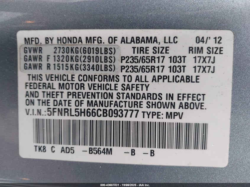 2012 Honda Odyssey Ex-L VIN: 5FNRL5H66CB093777 Lot: 43637731