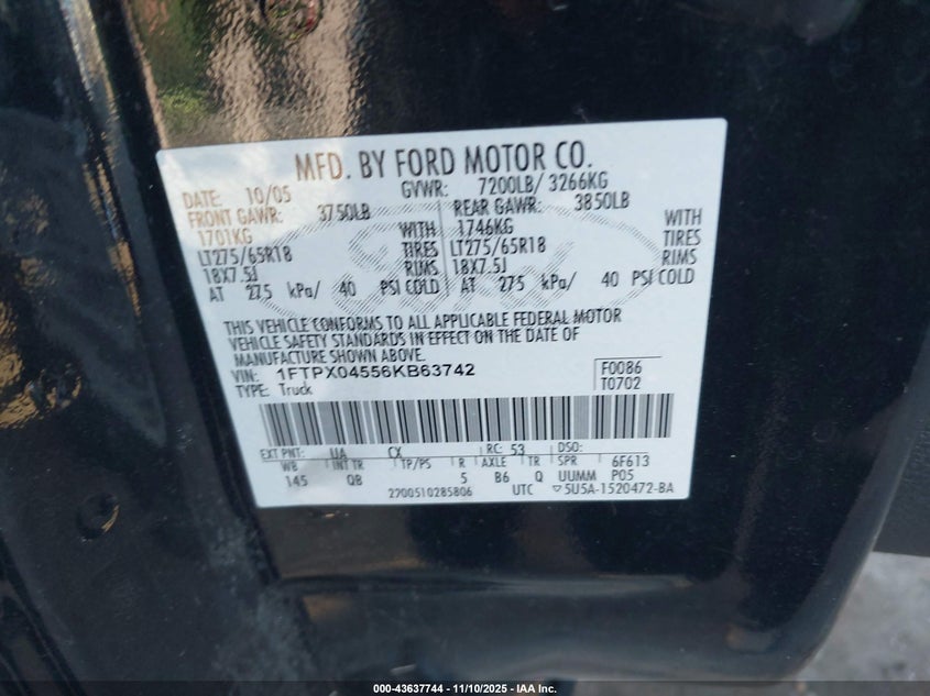 1FTPX04556KB63742 2006 FORD F-150 photo no. 9