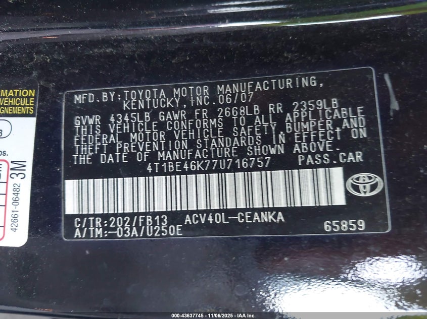 4T1BE46K77U716757 2007 TOYOTA CAMRY photo no. 9
