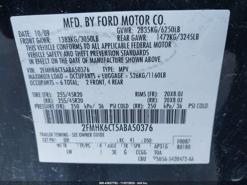 2FMHK6CT5ABA50376 2010 FORD FLEX photo no. 9