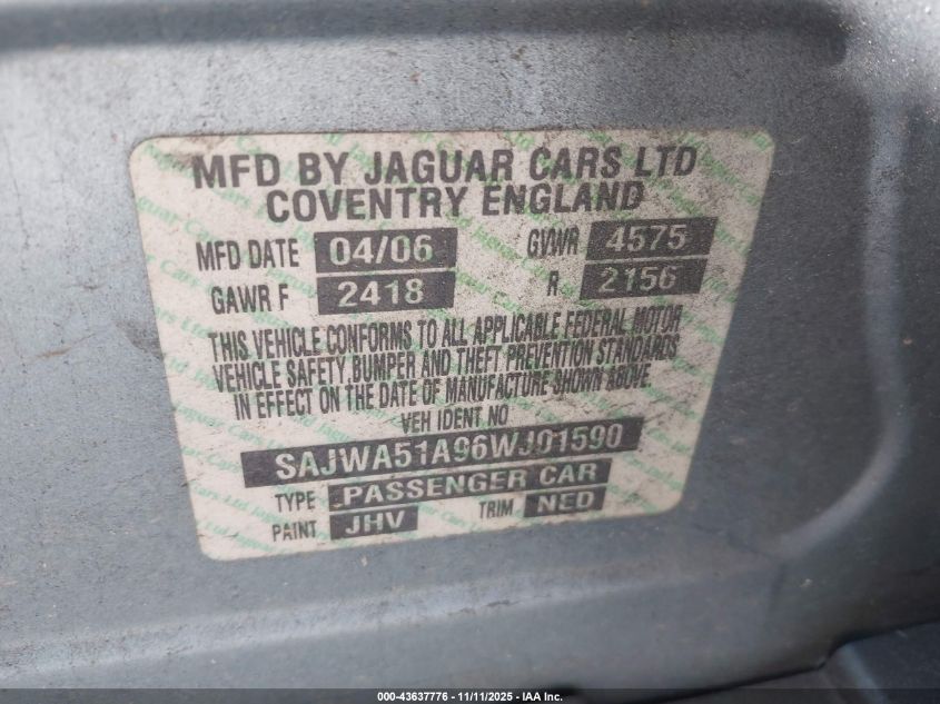 2006 Jaguar X-Type 3.0 VIN: SAJWA51A96WJ01590 Lot: 43637776