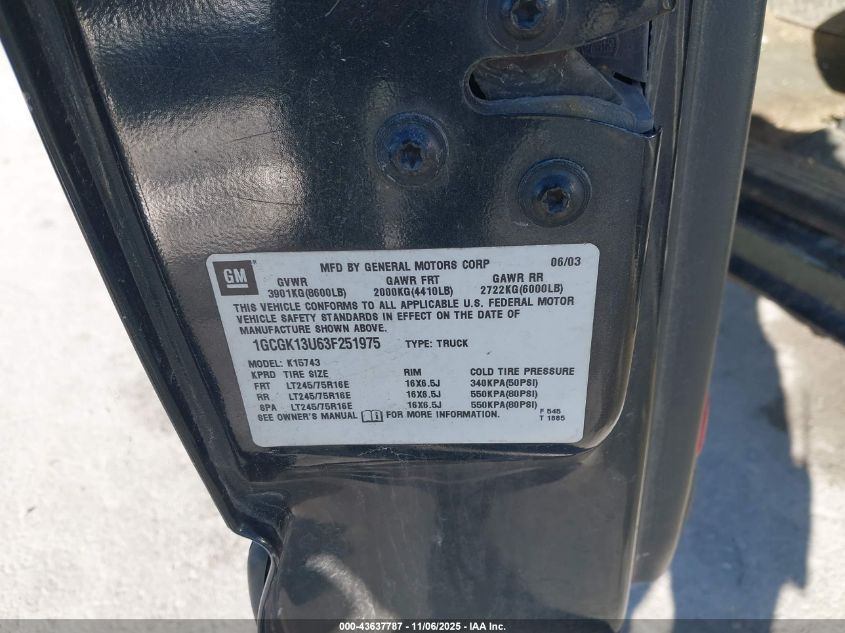 2003 Chevrolet Silverado 1500Hd Ls VIN: 1GCGK13U63F251975 Lot: 43637787