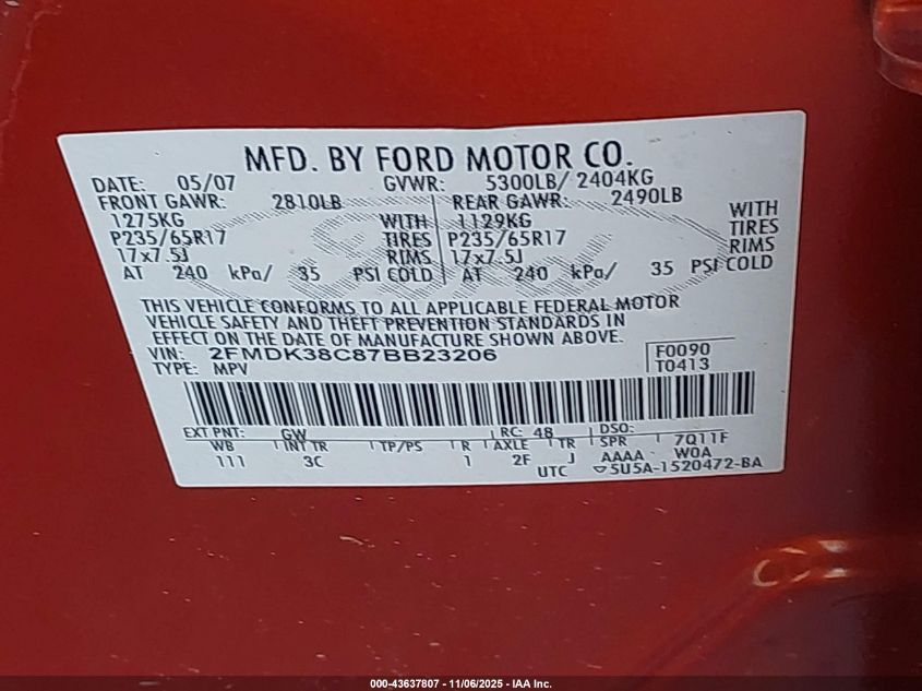 2007 Ford Edge Sel VIN: 2FMDK38C87BB23206 Lot: 43637807