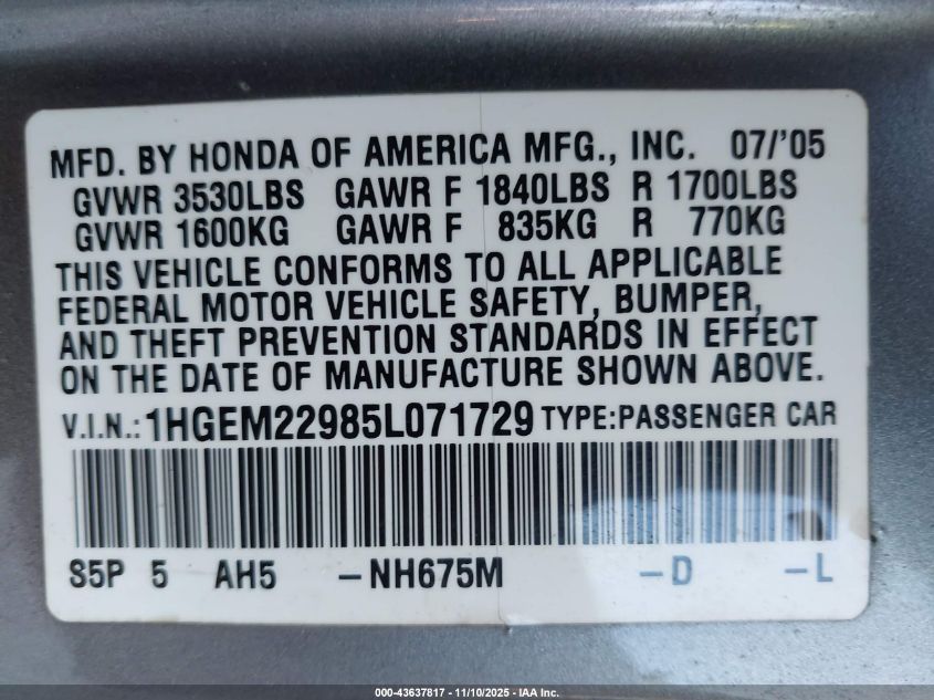 2005 Honda Civic Ex VIN: 1HGEM22985L071729 Lot: 43637817