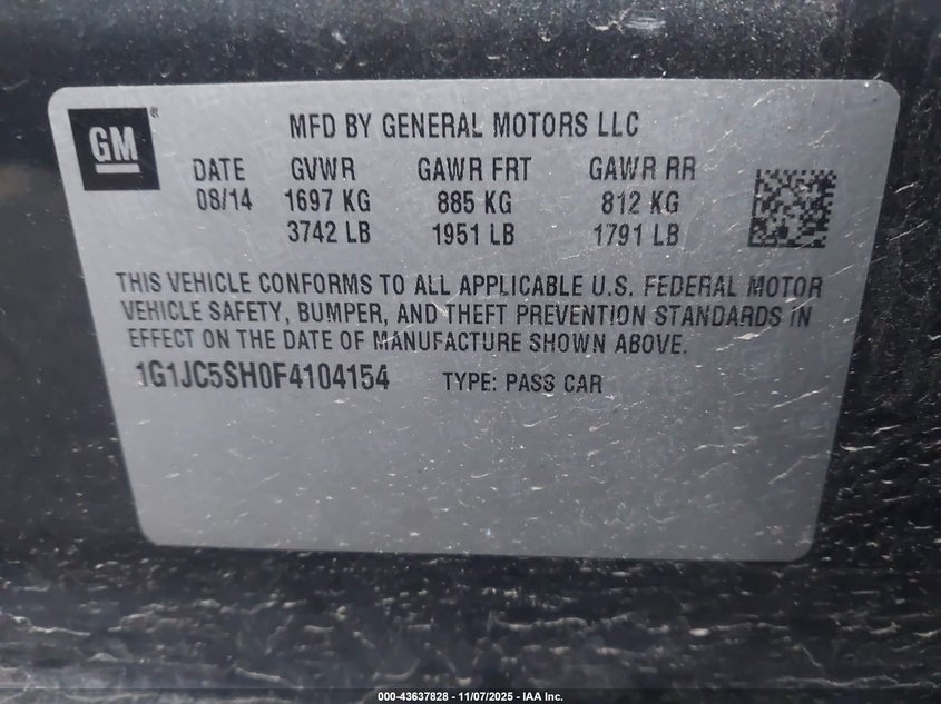 2015 CHEVROLET SONIC LT AUTO 1G1JC5SH0F4104154