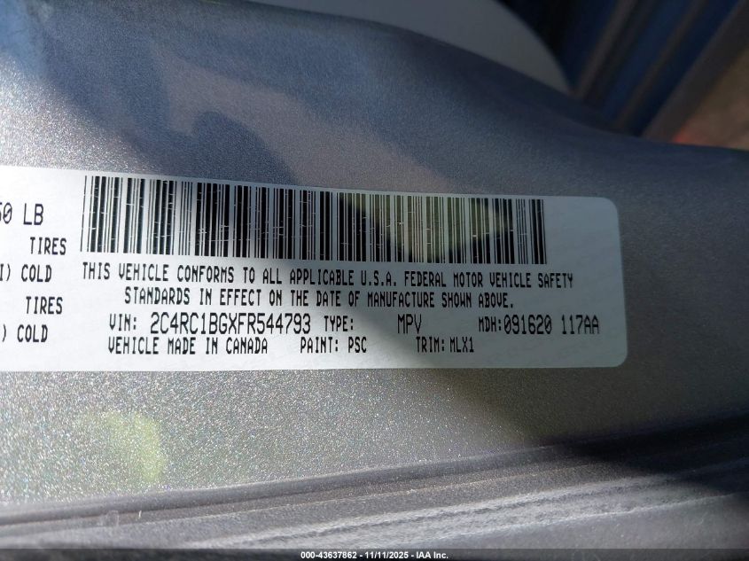 2015 Chrysler Town & Country Touring VIN: 2C4RC1BGXFR544793 Lot: 43637862