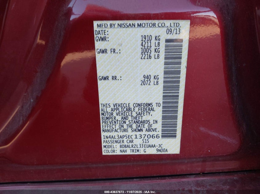 2014 NISSAN ALTIMA 2.5 S 1N4AL3AP5EC137066