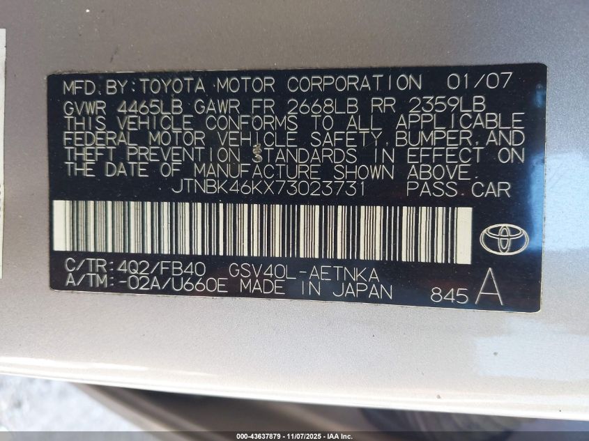 2007 Toyota Camry Le V6 VIN: JTNBK46KX73023731 Lot: 43637879