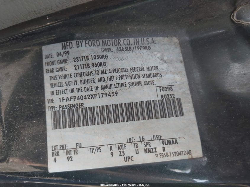 1999 Ford Mustang VIN: 1FAFP4042XF179459 Lot: 43637882