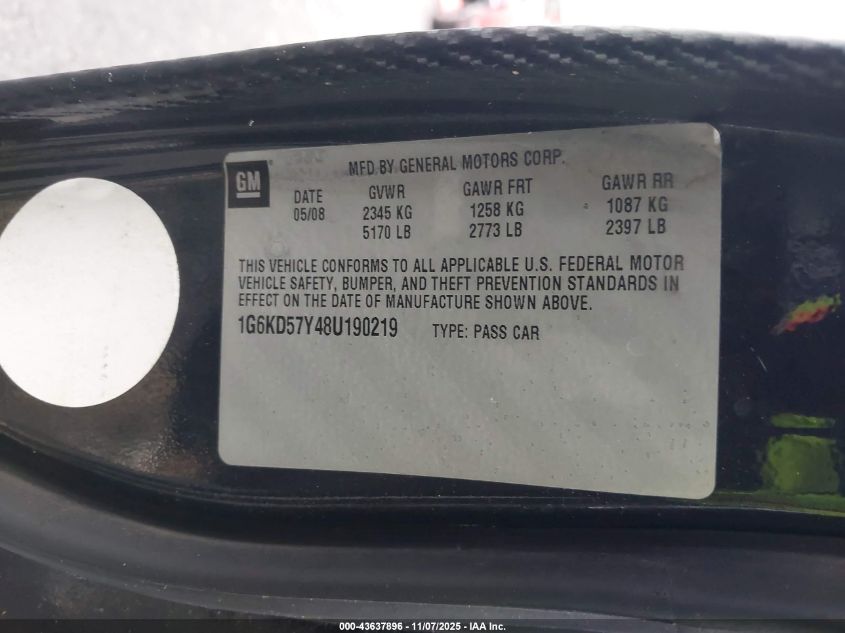 2008 Cadillac Dts 1Sb VIN: 1G6KD57Y48U190219 Lot: 43637896