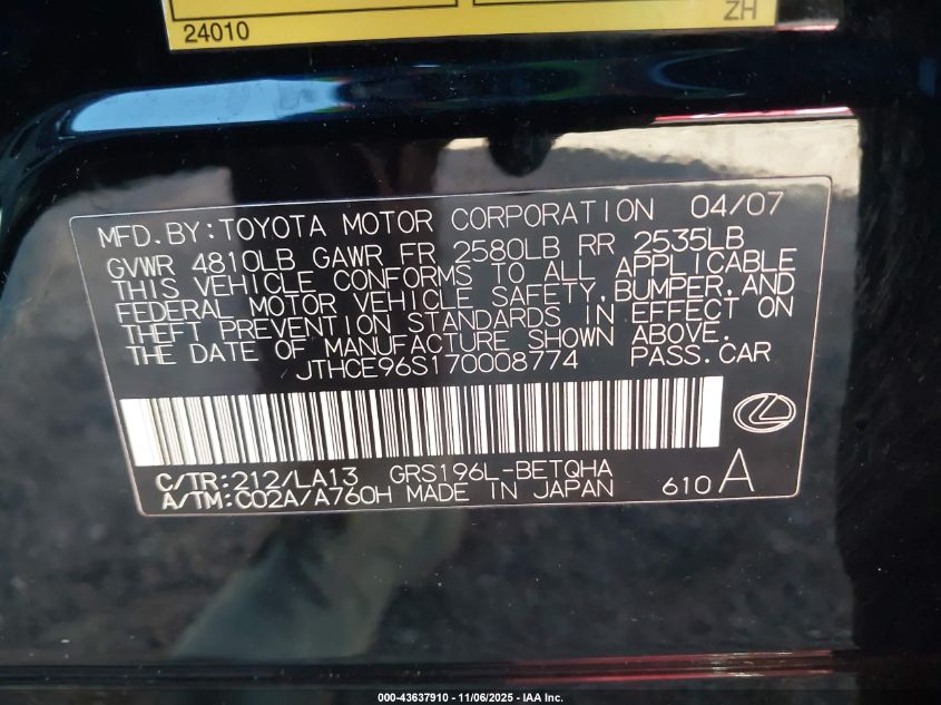 2007 Lexus Gs 350 VIN: JTHCE96S170008774 Lot: 43637910