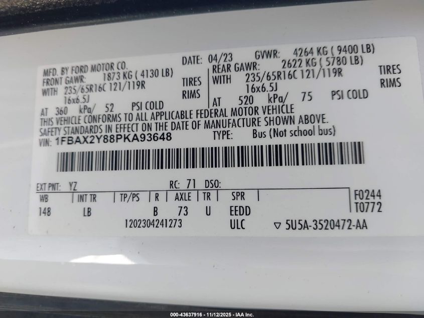 2023 Ford Transit-350 Passenger Van Xlt VIN: 1FBAX2Y88PKA93648 Lot: 43637916
