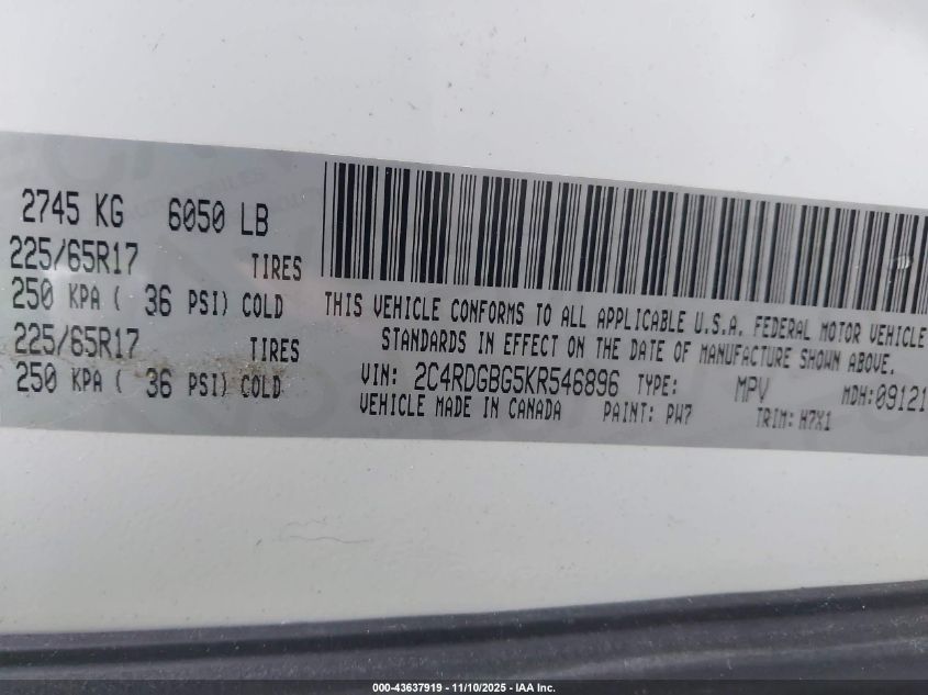 2019 Dodge Grand Caravan Se VIN: 2C4RDGBG5KR546896 Lot: 43637919