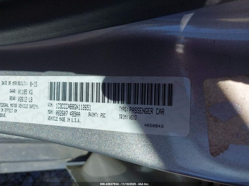 2016 Chrysler 200 Limited VIN: 1C3CCCAB8GN112651 Lot: 43637934