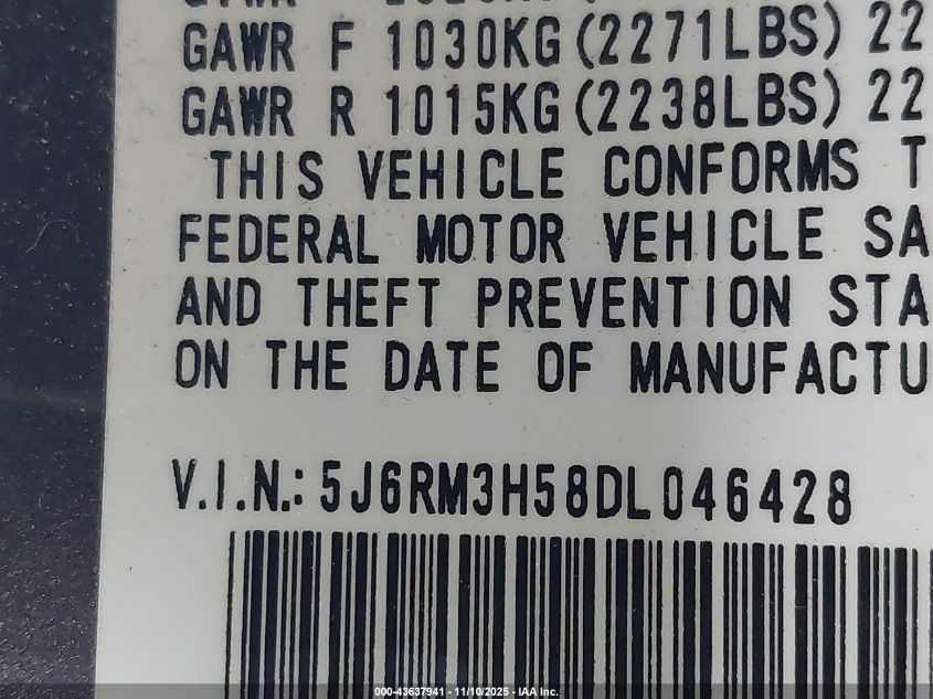 2013 Honda Cr-V Ex VIN: 5J6RM3H58DL046428 Lot: 43637941