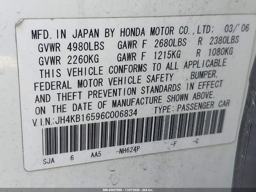 2006 Acura Rl 3.5 VIN: JH4KB16596C006834 Lot: 43637950