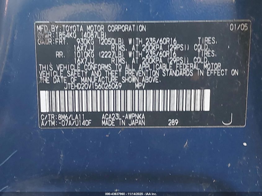 2005 Toyota Rav4 VIN: JTEHD20V156026069 Lot: 43637960