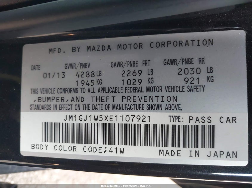JM1GJ1W5XE1107921 2014 MAZDA 6 photo no. 9
