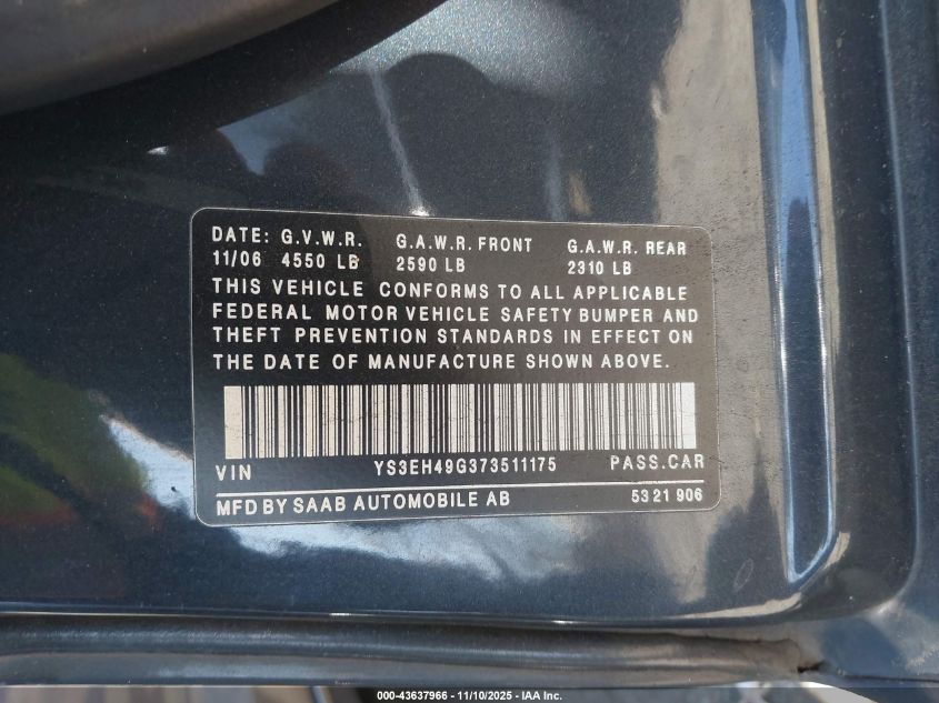 2007 Saab 9-5 2.3T W/Aero Package VIN: YS3EH49G373511175 Lot: 43637966