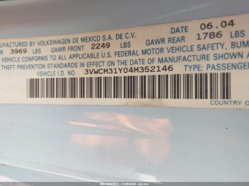 2004 Volkswagen New Beetle Gls VIN: 3VWCM31Y04M352146 Lot: 43637971