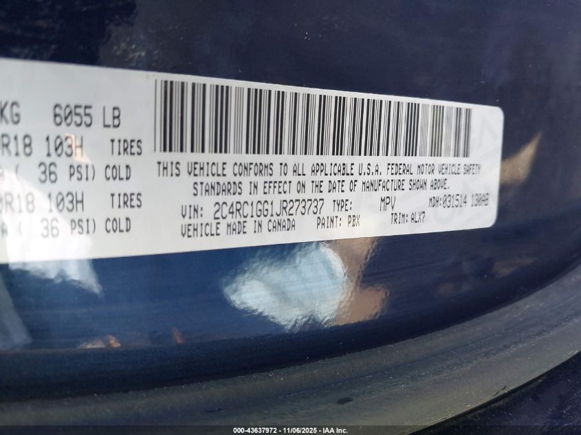 2018 Chrysler Pacifica Limited VIN: 2C4RC1GG1JR273737 Lot: 43637972