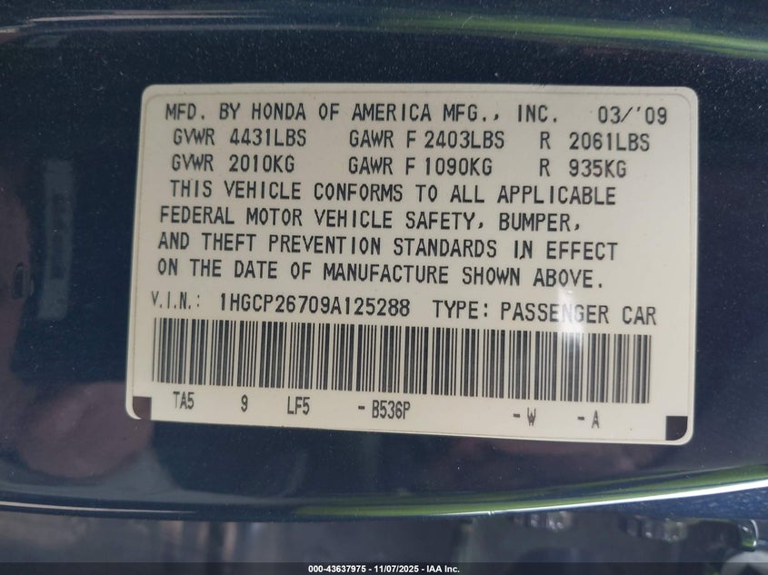 1HGCP26709A125288 2009 HONDA ACCORD photo no. 9