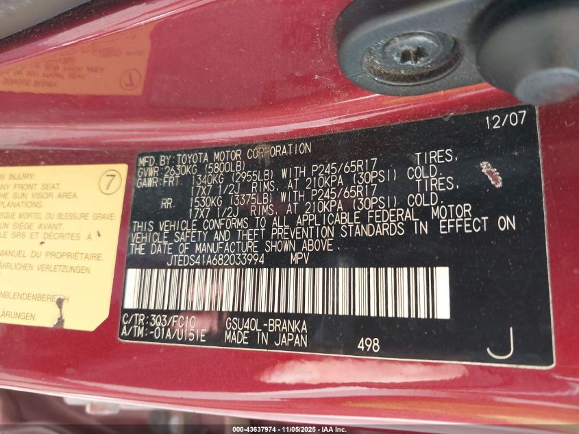 2008 Toyota Highlander VIN: JTEDS41A682033994 Lot: 43637974