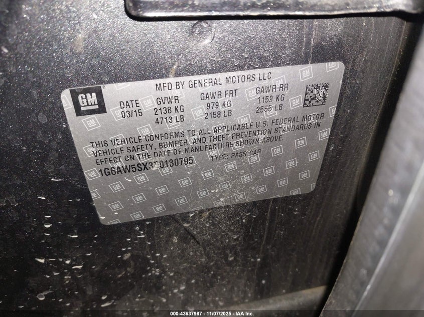 2015 Cadillac Cts Standard VIN: 1G6AW5SX3F0130795 Lot: 43637987