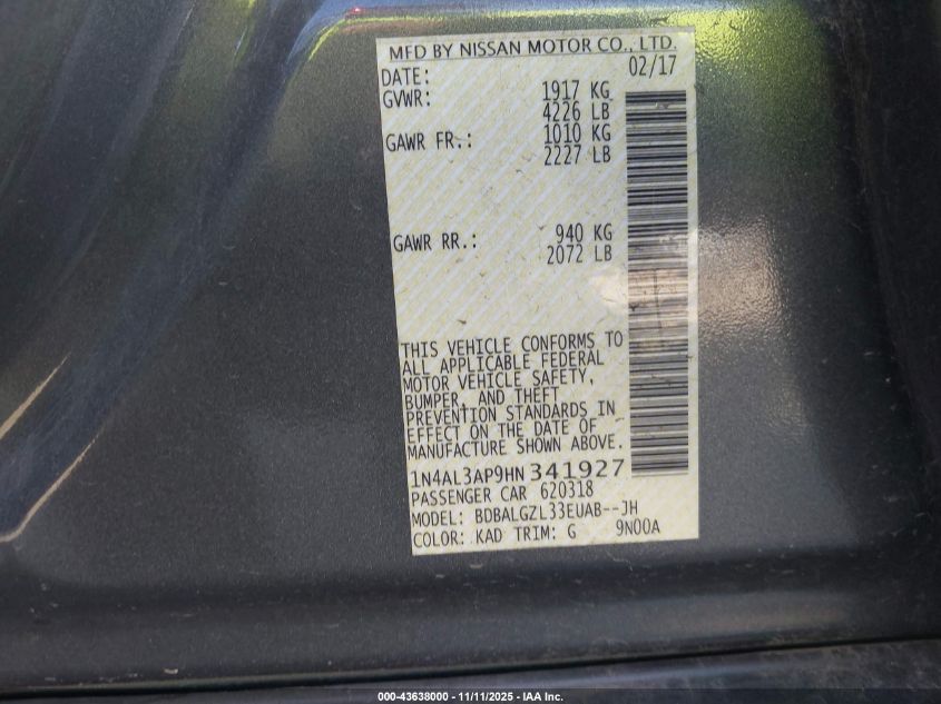 2017 Nissan Altima 2.5 S VIN: 1N4AL3AP9HN341927 Lot: 43638000