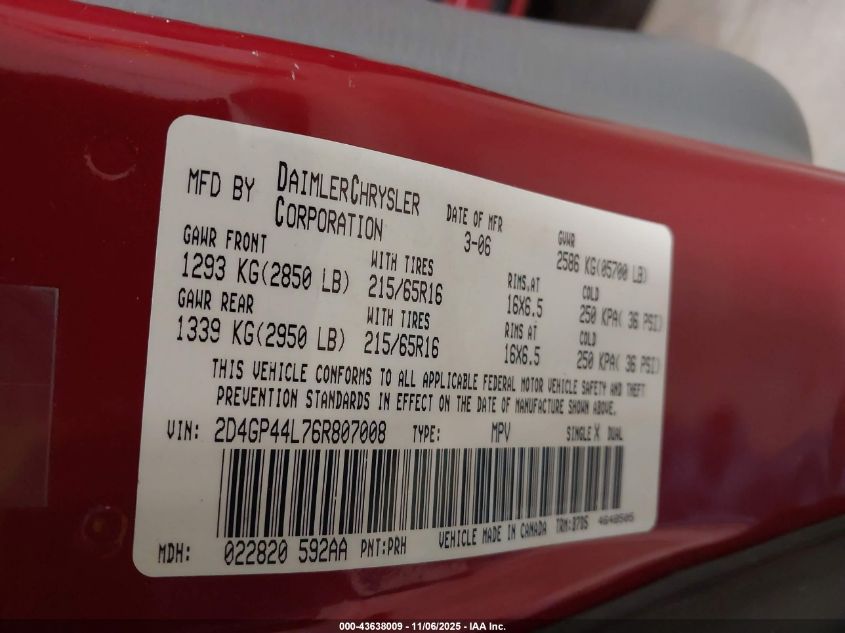 2006 Dodge Grand Caravan Sxt VIN: 2D4GP44L76R807008 Lot: 43638009