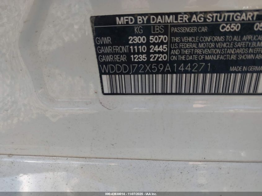 2009 Mercedes-Benz Cls 550 VIN: WDDDJ72X59A144271 Lot: 43638014
