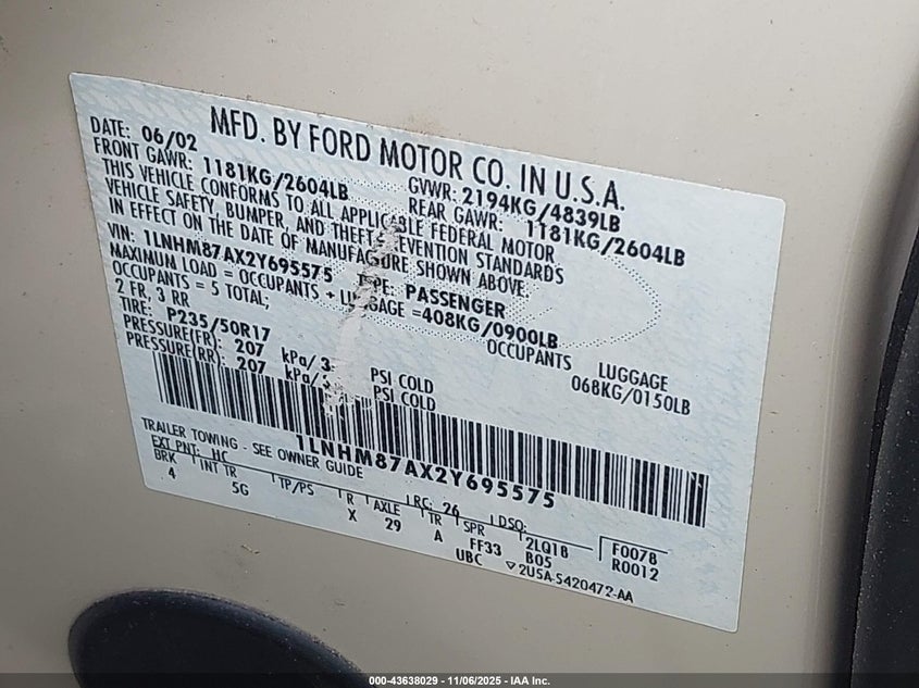 2002 Lincoln Ls V8 Auto VIN: 1LNHM87AX2Y695575 Lot: 43638029