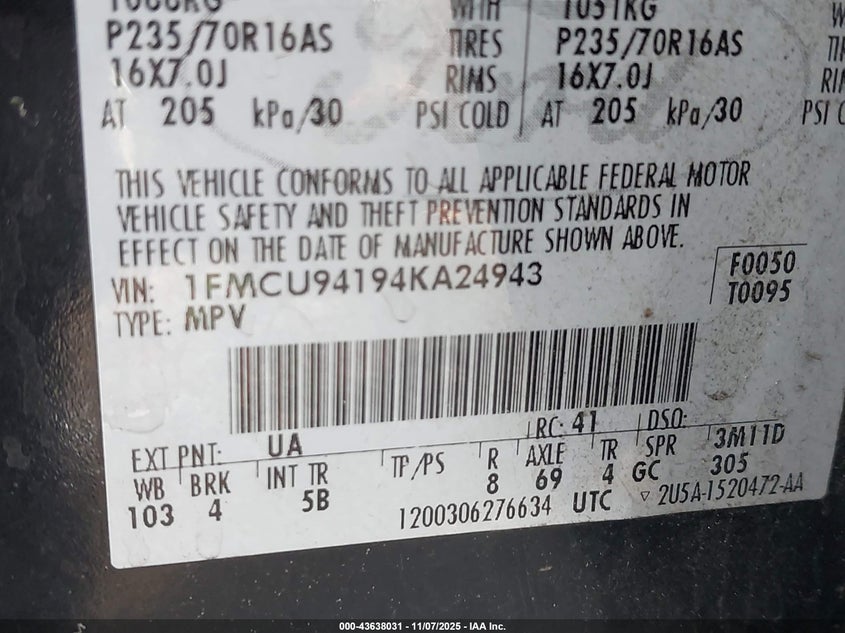 2004 Ford Escape Limited VIN: 1FMCU94194KA24943 Lot: 43638031