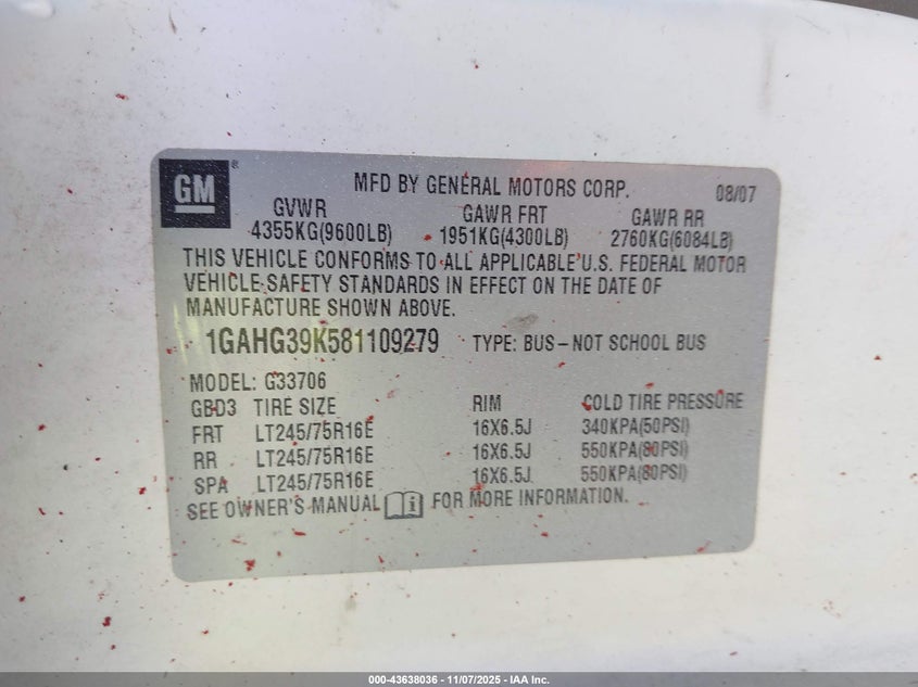 2008 Chevrolet Express Ls VIN: 1GAHG39K581109279 Lot: 43638036