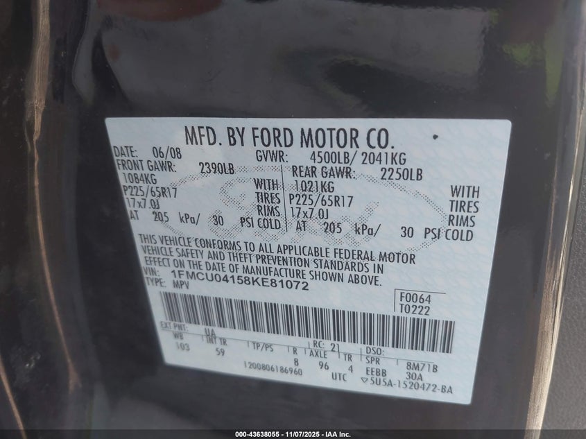 1FMCU04158KE81072 2008 FORD ESCAPE photo no. 9