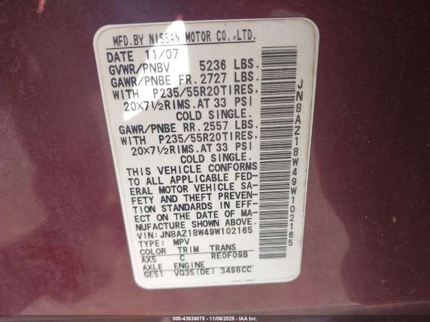 2009 Nissan Murano Le VIN: JN8AZ18W49W102165 Lot: 43638078