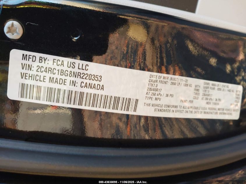 2022 Chrysler Pacifica Touring L VIN: 2C4RC1BG8NR220353 Lot: 43638095