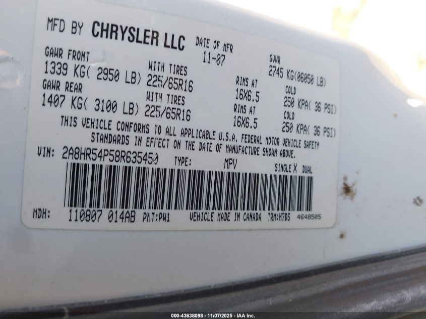 2008 Chrysler Town & Country Touring VIN: 2A8HR54P58R635450 Lot: 43638098