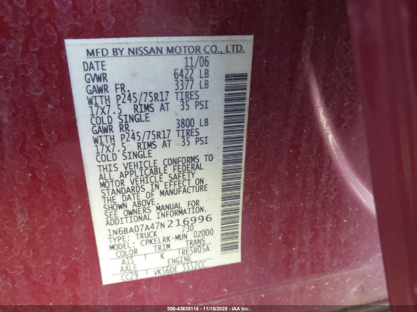 2007 Nissan Titan Xe VIN: 1N6BA07A47N216996 Lot: 43638116