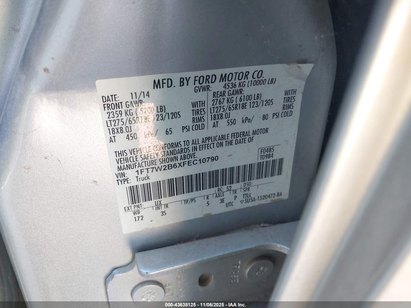 1FT7W2B6XFEC10790 2015 FORD F250 photo no. 9