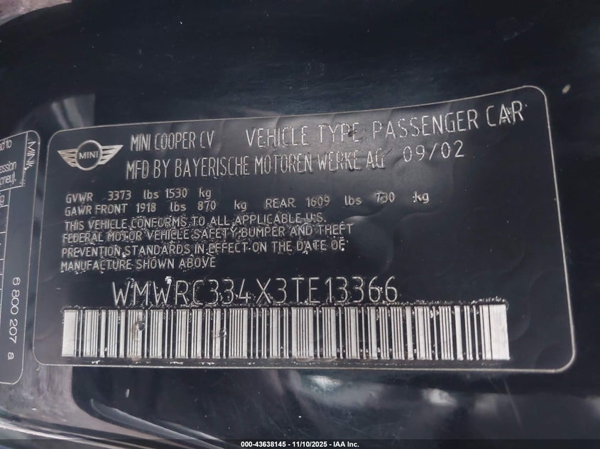 2003 Mini Cooper VIN: WMWRC334X3TE13366 Lot: 43638145