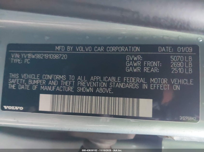 2009 Volvo V70 3.2 VIN: YV1BW982191098720 Lot: 43638152