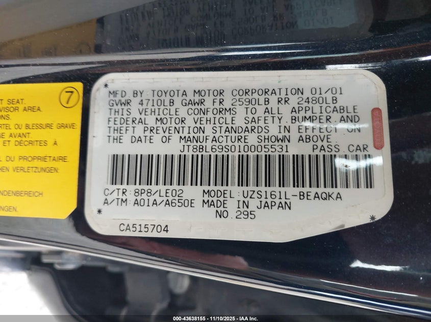 2001 Lexus Gs 430 VIN: JT8BL69S010005531 Lot: 43638155