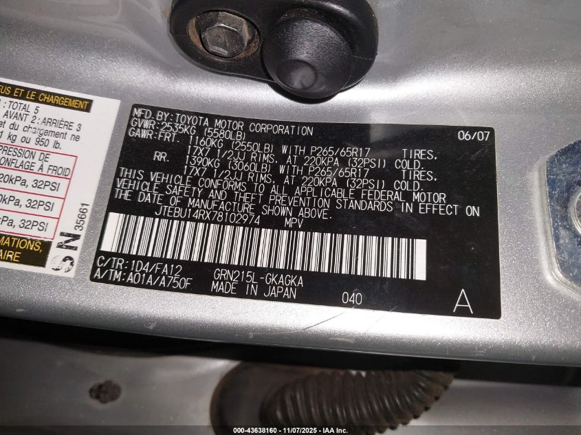 2007 Toyota 4Runner Sr5 V6 VIN: JTEBU14RX78102974 Lot: 43638160